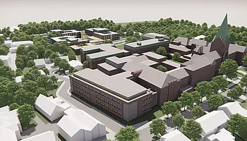 Luftperspektive auf die geplanten Neubauten des Klinikcampus mit klar gegliederten Baukörpern und Verbindung zum historischen Gebäudebestand.