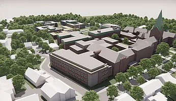 Luftperspektive auf die geplanten Neubauten des Klinikcampus mit klar gegliederten Baukörpern und Verbindung zum historischen Gebäudebestand.
