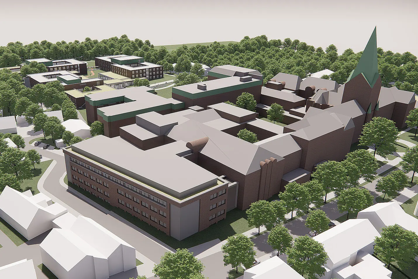 Vogelperspektive auf das Gesamtareal des St. Josef-Stifts mit Bestandsgebäuden, Kirche und geplanten Erweiterungsbauten im Rahmen der Zielplanung 2030.