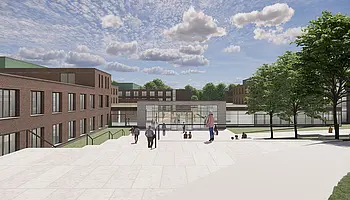 Visualisierung des zukünftigen zentralen Eingangsbereichs mit Glasfassade, Vorplatz und barrierefreiem Zugang zwischen den Neubauten.