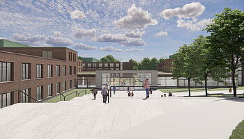 Visualisierung des zukünftigen zentralen Eingangsbereichs mit Glasfassade, Vorplatz und barrierefreiem Zugang zwischen den Neubauten.