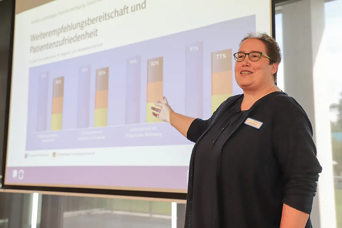 Eine Mitarbeiterin steht vor einer Präsentationsfolie mit Balkendiagrammen zur Patientenzufriedenheit und zeigt auf die dargestellten Ergebnisse.