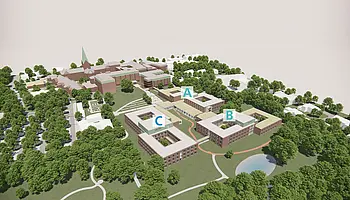 3D-Visualisierung der geplanten Reha-Neubauten A, B und C mit begrünten Innenhöfen und Anbindung an den bestehenden Campus des St. Josef-Stifts.