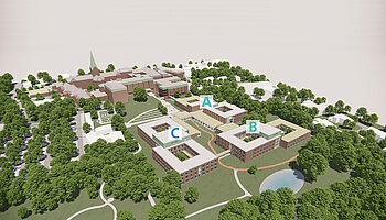 3D-Visualisierung der geplanten Reha-Neubauten A, B und C mit begrünten Innenhöfen und Anbindung an den bestehenden Campus des St. Josef-Stifts.