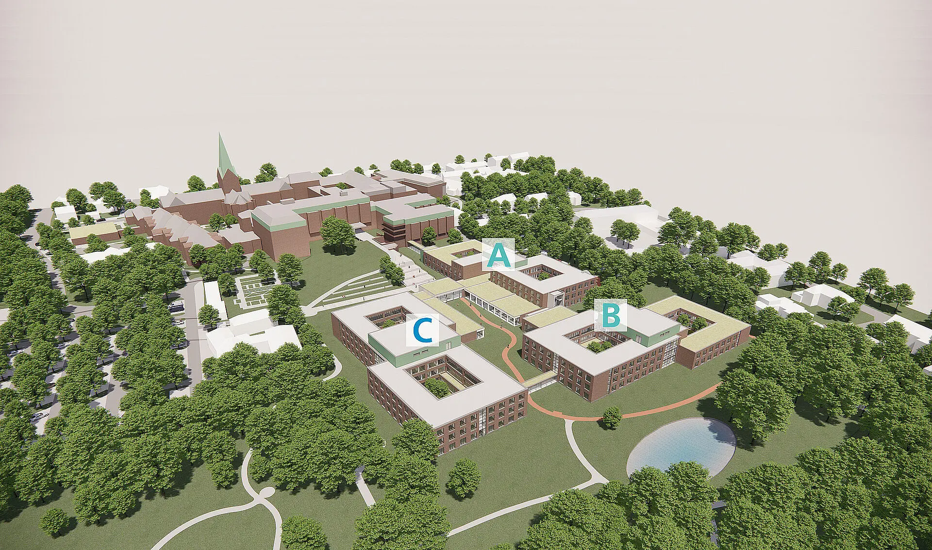 3D-Visualisierung der geplanten Reha-Neubauten A, B und C mit begrünten Innenhöfen und Anbindung an den bestehenden Campus des St. Josef-Stifts.