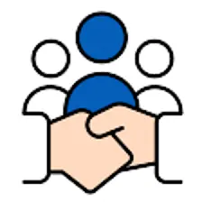 Symbol für ein Team: Zwei Hände und mehrere Personen im Hintergrund