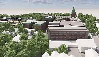 Vogelperspektive auf das Gesamtareal des St. Josef-Stifts mit Bestandsgebäuden, Kirche und geplanten Erweiterungsbauten im Rahmen der Zielplanung 2030.