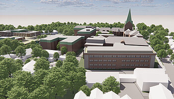 Vogelperspektive auf das Gesamtareal des St. Josef-Stifts mit Bestandsgebäuden, Kirche und geplanten Erweiterungsbauten im Rahmen der Zielplanung 2030.