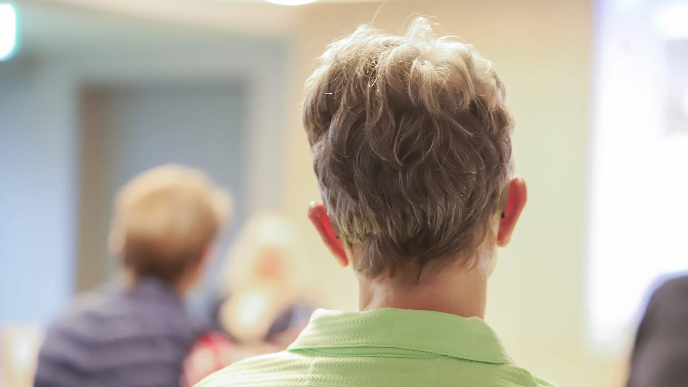 Teilnehmende sitzen in einem Raum und hören einem Angebot zu; im Vordergrund ist eine Person von hinten zu sehen, im Hintergrund sind weitere Personen unscharf erkennbar.