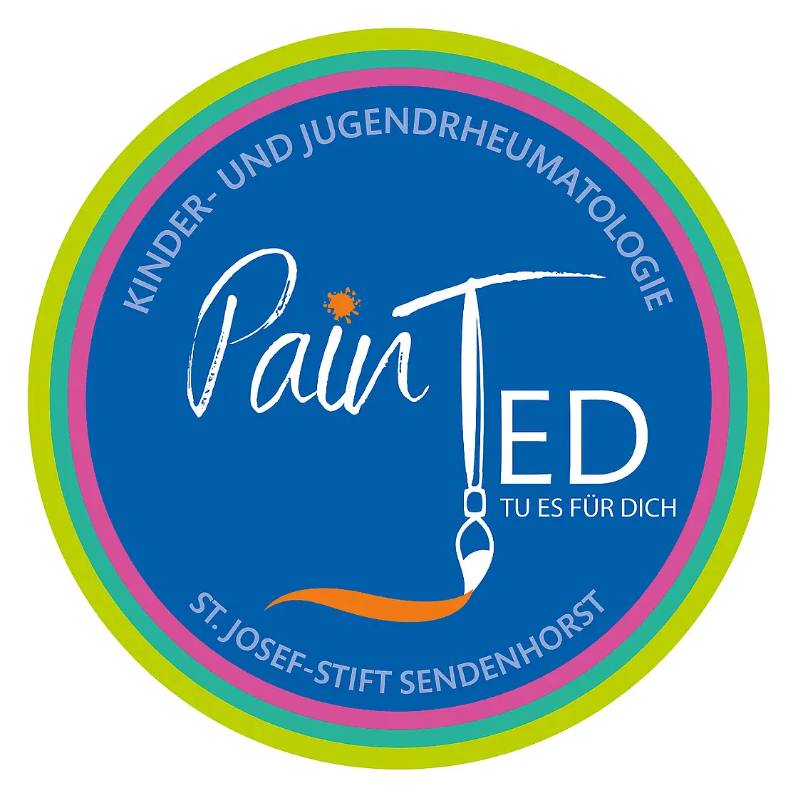 Rundes Pain-TeD-Logo der Kinder- und Jugendrheumatologie des St. Josef-Stift Sendenhorst in Blau, Grün und Pink.