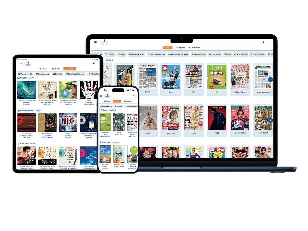 Laptop, Tablet und Smartphone zeigen eine digitale Medienplattform mit Zeitungen, Magazinen, Büchern und weiteren Medienangeboten.