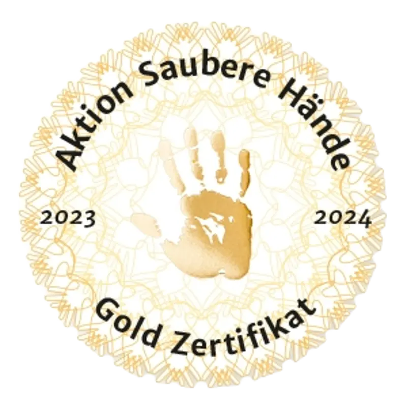 Darstellung zur Aktion Saubere Hände im St. Josef-Stift Sendenhorst, die auf die Bedeutung korrekter Händehygiene im Klinikalltag hinweist.