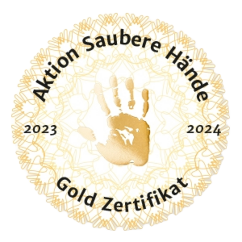 Darstellung zur Aktion Saubere Hände im St. Josef-Stift Sendenhorst, die auf die Bedeutung korrekter Händehygiene im Klinikalltag hinweist.