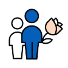 Besuch und Begleitperson dargestellt als zwei Personen die sich gegenüberstehen mit Blumen als Gastgeschenk