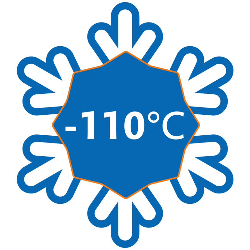 Grafische Zeichnung einer Schneeflocke, in der Mitte ist die Gradzahl von -110 Grad Celsius zu lesen.