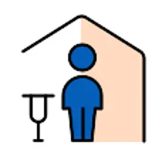 Ambulante Therapien dargestellt mit einer Person die eine Gehhilfe hat und halb in jeweils zwei Häusern steht um die Ambulanz zu verdeutlichen