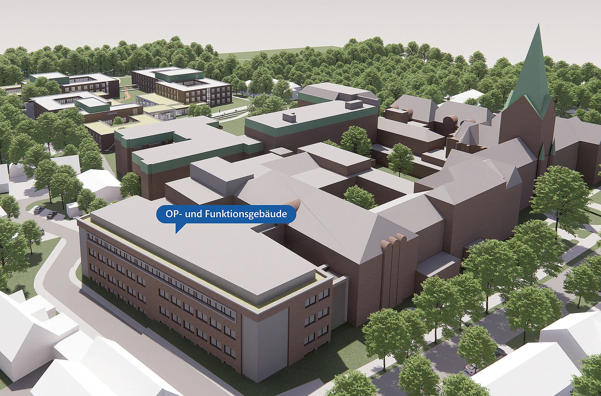 Luftperspektive auf die geplanten Neubauten des Klinikcampus mit klar gegliederten Baukörpern und Kennzeichnung des neuen OP- und Funktionsgebäudes. Zu erkennen ist die Verbindung zum historischen Gebäudebestand.