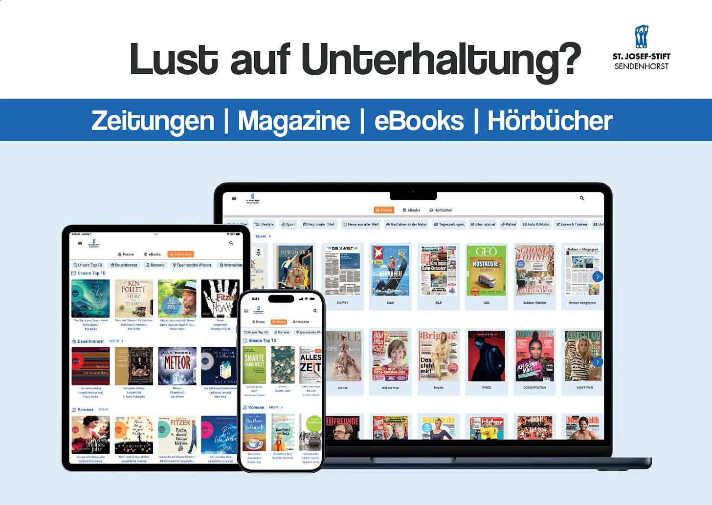 Laptop, Tablet und Smartphone zeigen eine digitale Medienplattform mit Zeitungen, Magazinen, Büchern und weiteren Medienangeboten.