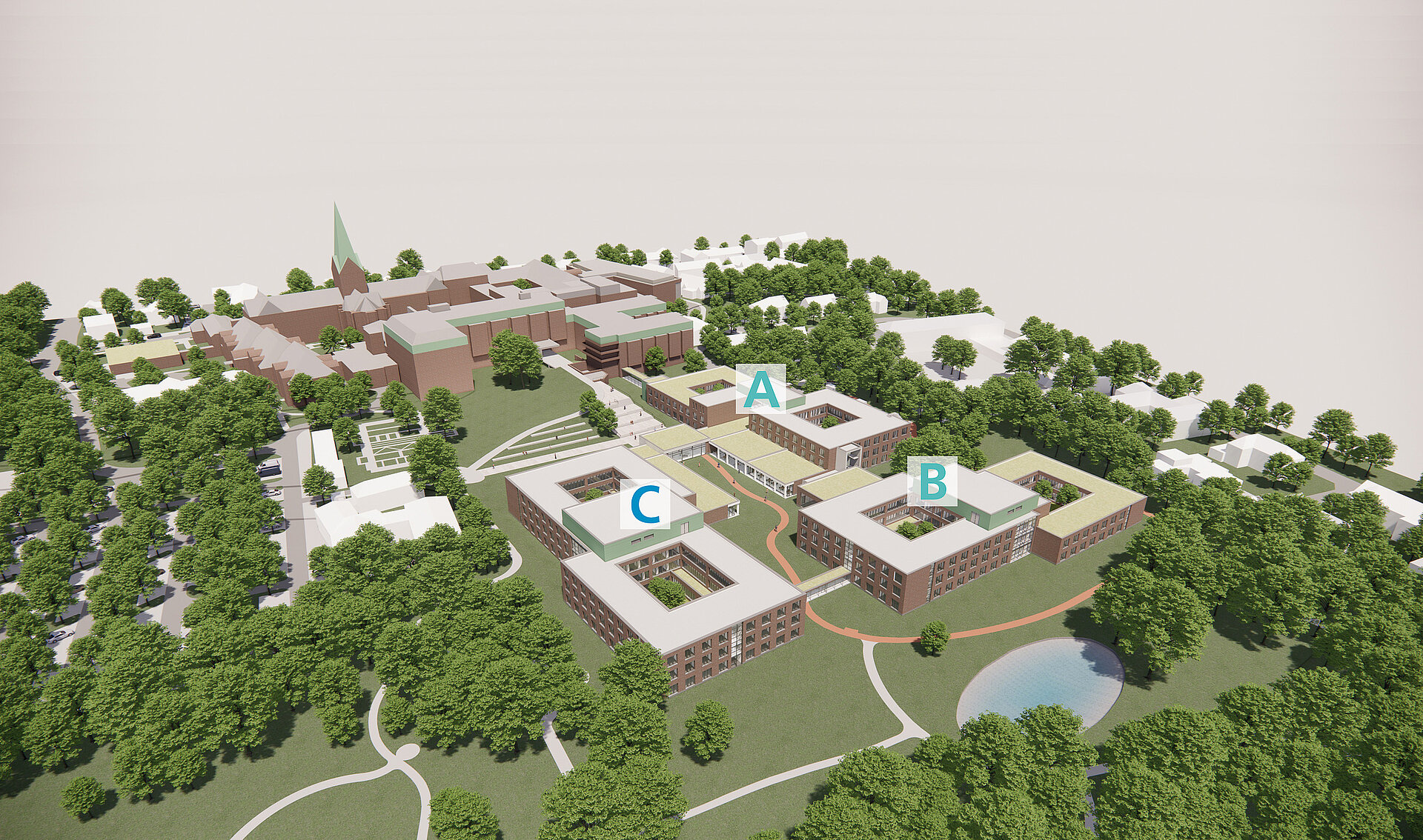 3D-Visualisierung der geplanten Reha-Neubauten A, B und C mit begrünten Innenhöfen und Anbindung an den bestehenden Campus des St. Josef-Stifts.