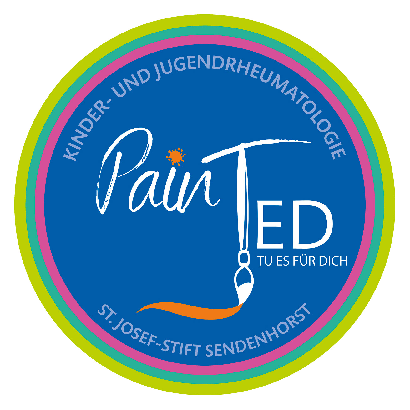 Rundes Pain-TeD-Logo der Kinder- und Jugendrheumatologie des St. Josef-Stift Sendenhorst in Blau, Grün und Pink.