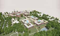 Das erweiterte Reha-Zentrum mit den Gebäudeteilen A, B und dem neuen Teil C. Das erweiterte Reha-Zentrum mit den Gebäudeteilen A, B und dem neuen Teil C.